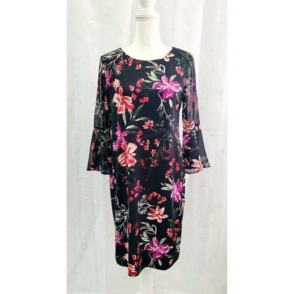 Women's Medium Studio One NY Sheer Bell Sleeves Sheath Dress Floral Fall Colors - Picture 1 of 7